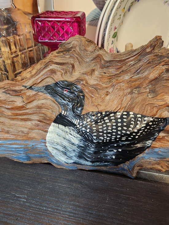 Other - Hand-Painted Loon on Driftwood - Black & White Coastal Decor